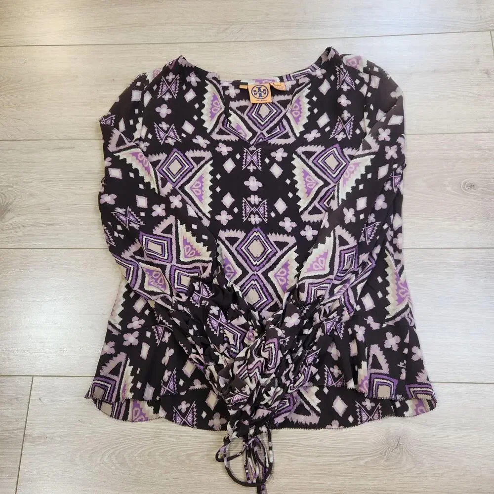 Tory Burch Blouse Womens 4 Black Purple Aztec Silk V Neck Drawstring Top